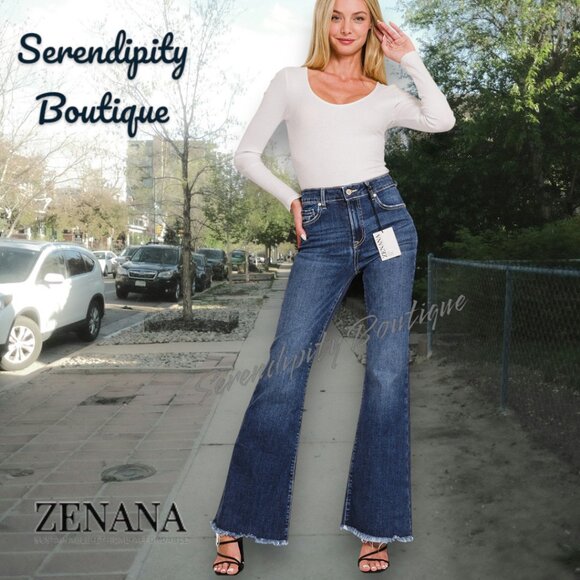 Zenana Super Stretch High Rise Bell Bottom Retro 70s Dark Wash Jeans - Picture 11 of 16